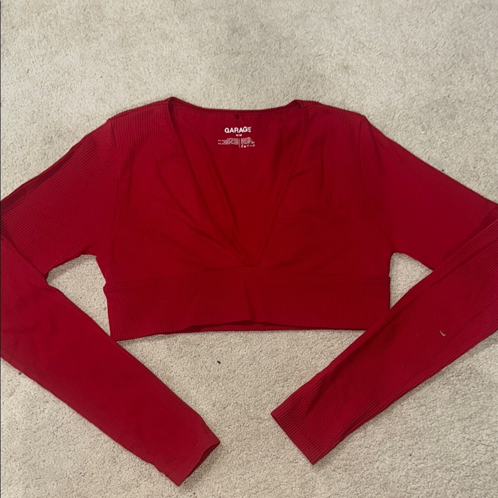 Garage Red Ribbed Long Sleeve Crop Top